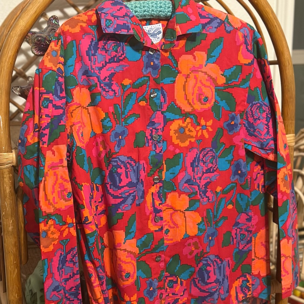 Vintage Medium Perry Ellis Digital Flower Print Button Down